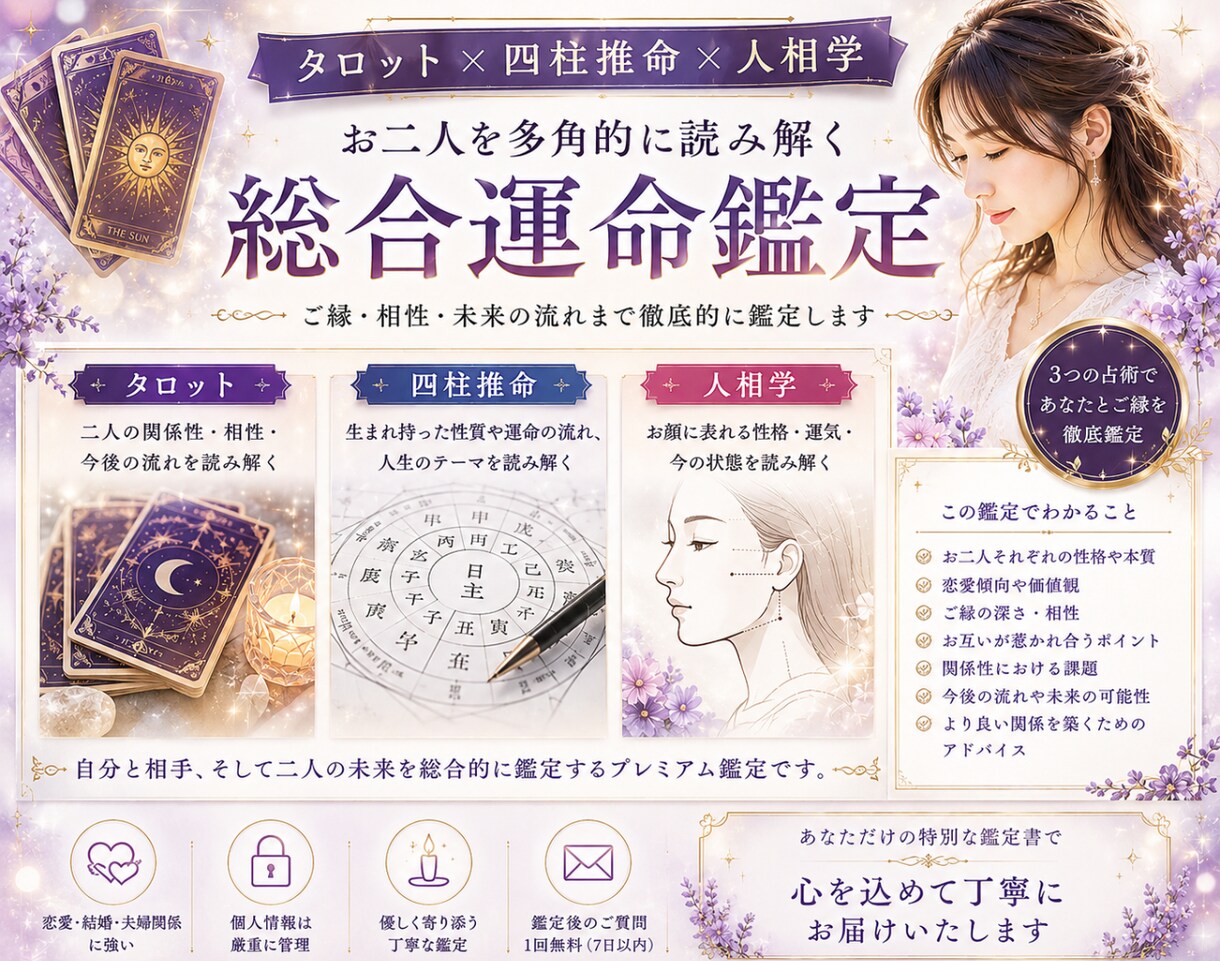 タロット•四柱推命・人相学で総合鑑定します ３つの占術で人生の現在地と未来への道標をお伝えします イメージ1