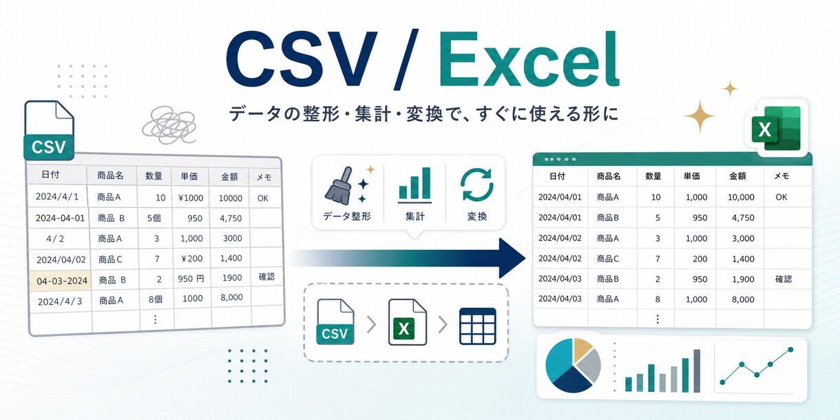 ExcelやCSVのデータ整形・集計を代行します 手作業のExcel/CSV作業、丁寧に自動化します イメージ1