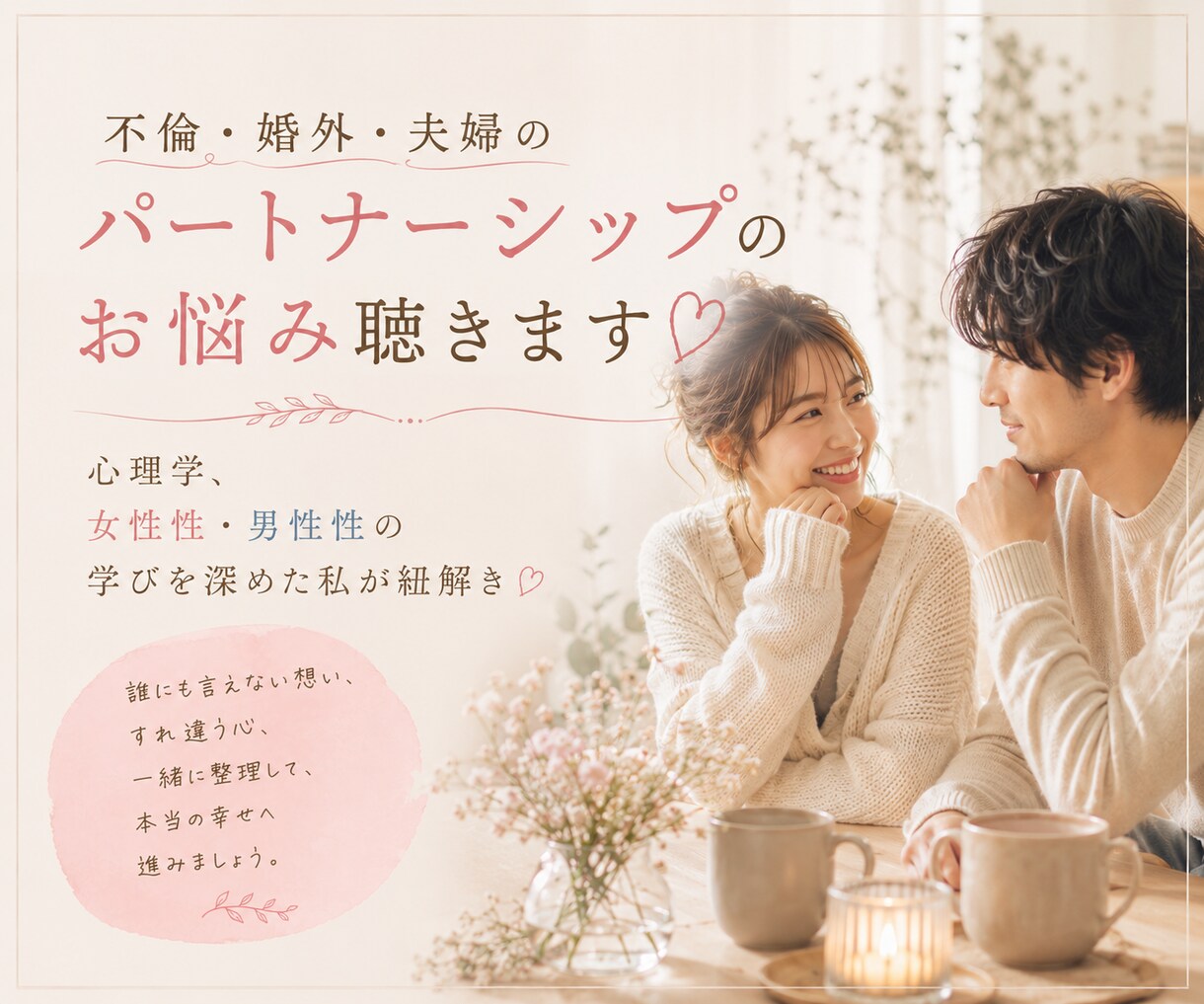 不倫・婚外・夫婦のパートナーシップのお悩み聴きます 心理学、女性性・男性性の学びを深めた私が紐解き♡ イメージ1