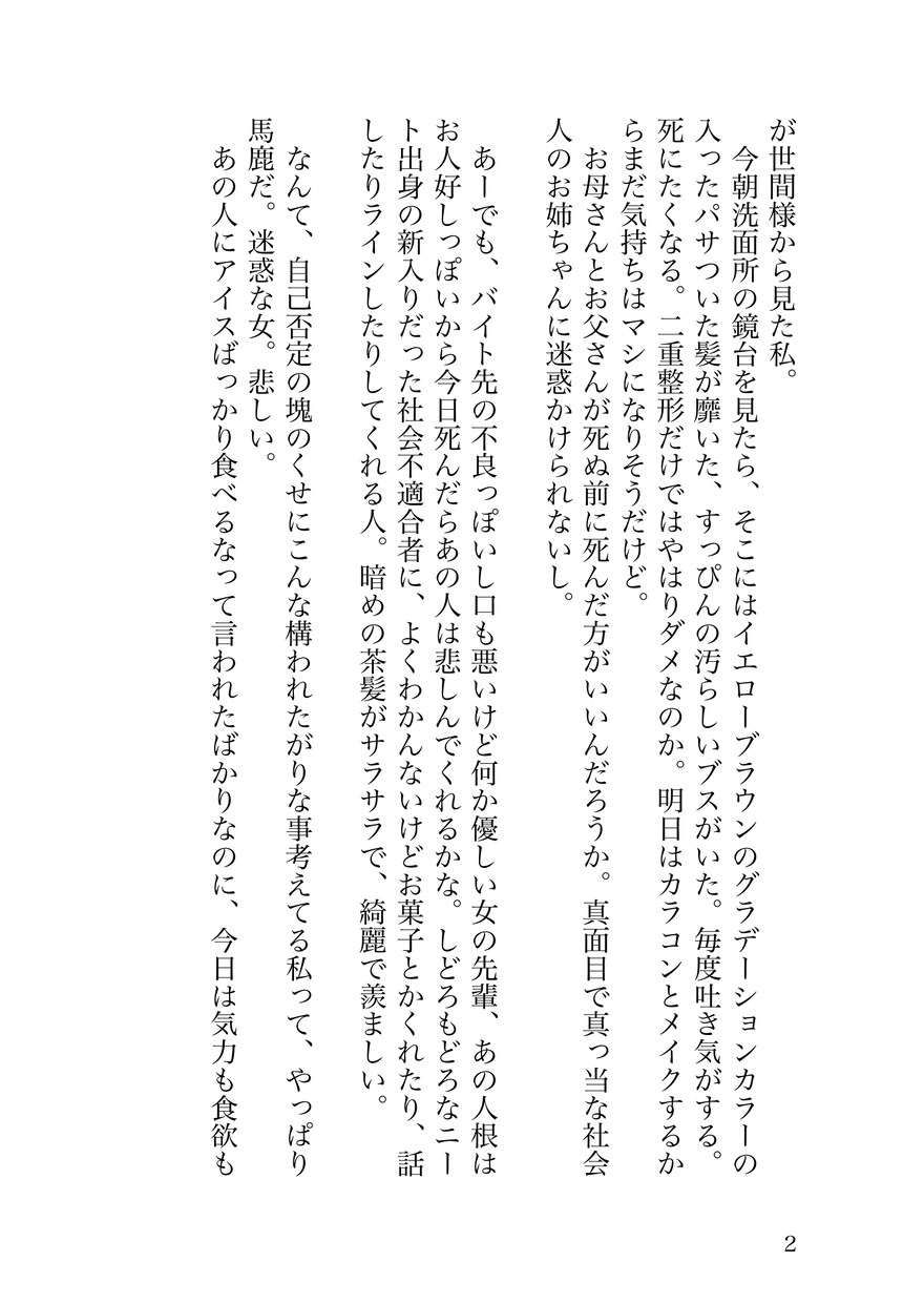 暗い女の子主人公の暗め百合SS書きます 1000~3000字程度の短め小説を書きます。 イメージ3