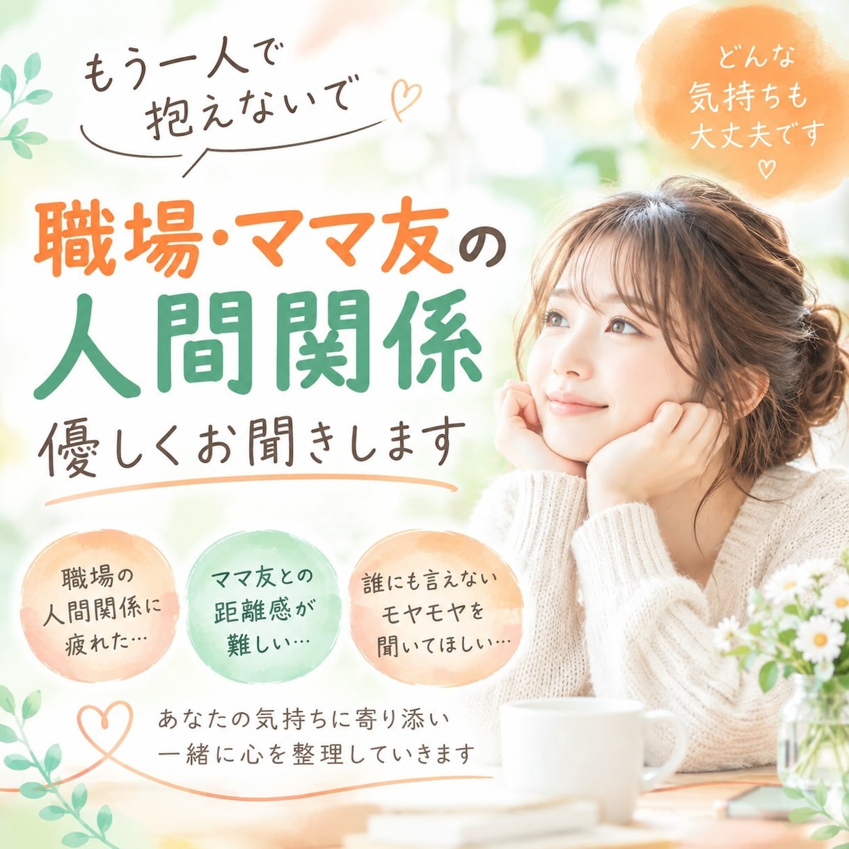 職場やママ友との人間関係のお悩み聞きます 気を遣いすぎて疲れたあなたへ＊職場・ママ友のモヤモヤ聞きます イメージ1