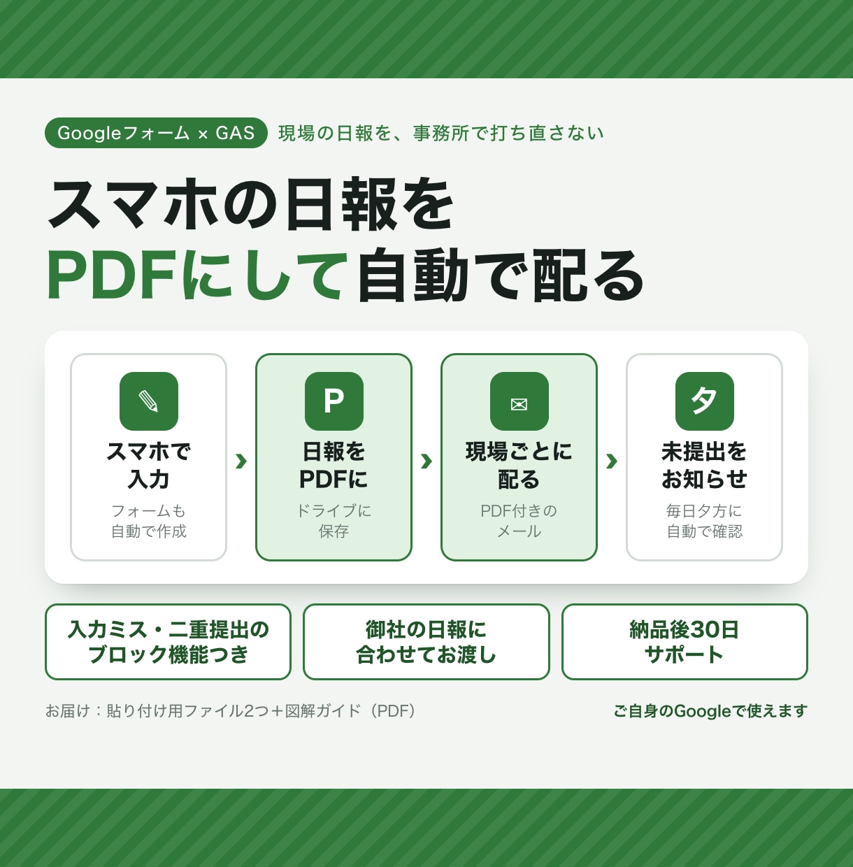 日報をスマホで入力し、PDFにして配ります 日報の打ち直し・PDF化・未提出の確認を自動に イメージ1
