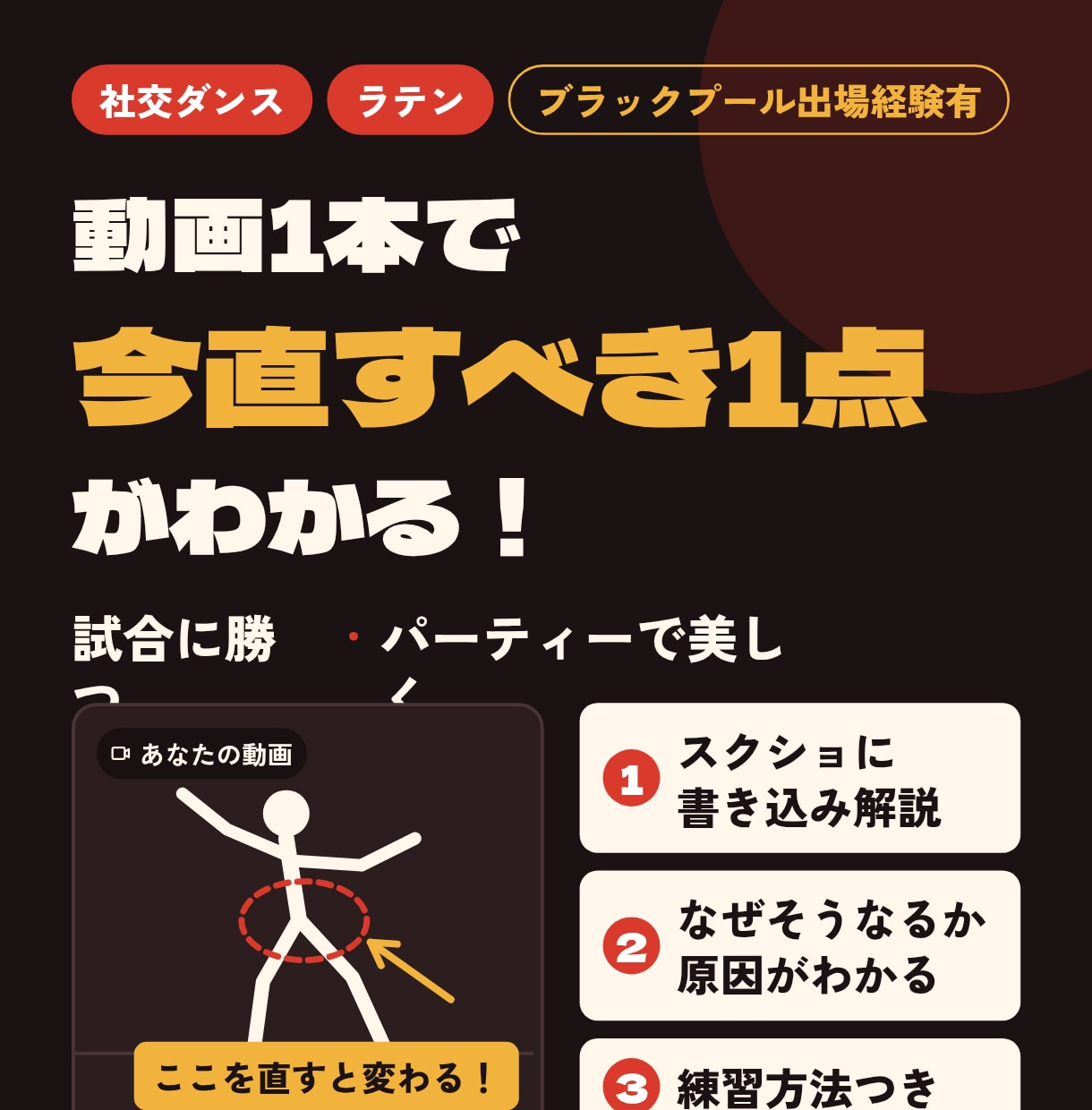 社交ダンス ラテン動画で直すべき1点を指導します 安心のブラックプール出場経験有　ココナラさん始めたばかりです イメージ1