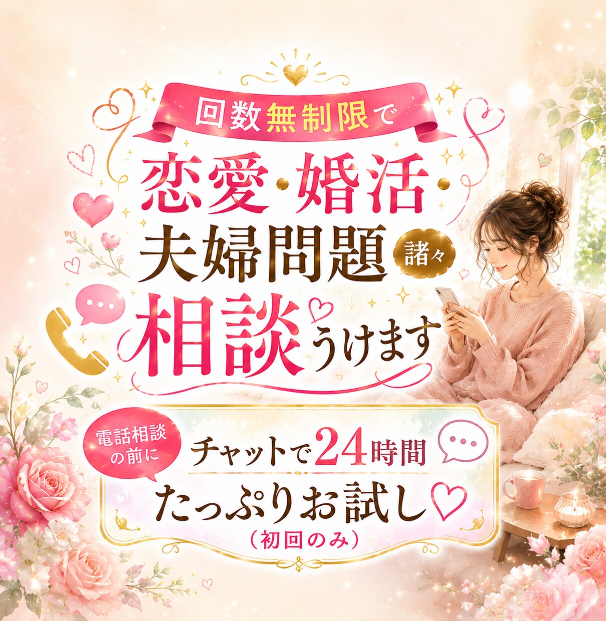 回数無制限で恋愛・婚活・夫婦問題諸々相談うけます 電話相談の前にチャットで24時間たっぷりお試し♡（初回のみ） イメージ1