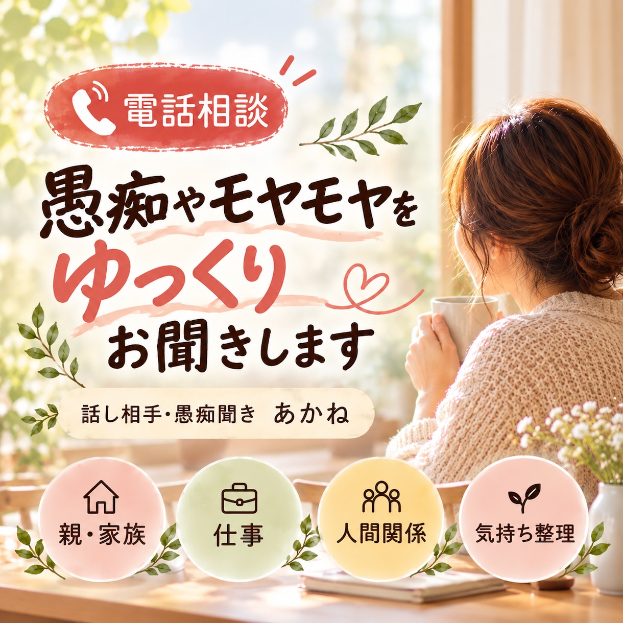愚痴やモヤモヤをゆっくりお聞きします ひとりで抱え込まず、少し話してみませんか？ イメージ1