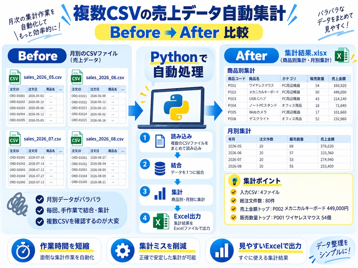 Excel・CSVの繰り返し作業を自動化しますます 面倒な集計・整形・転記をPythonで効率化 イメージ1