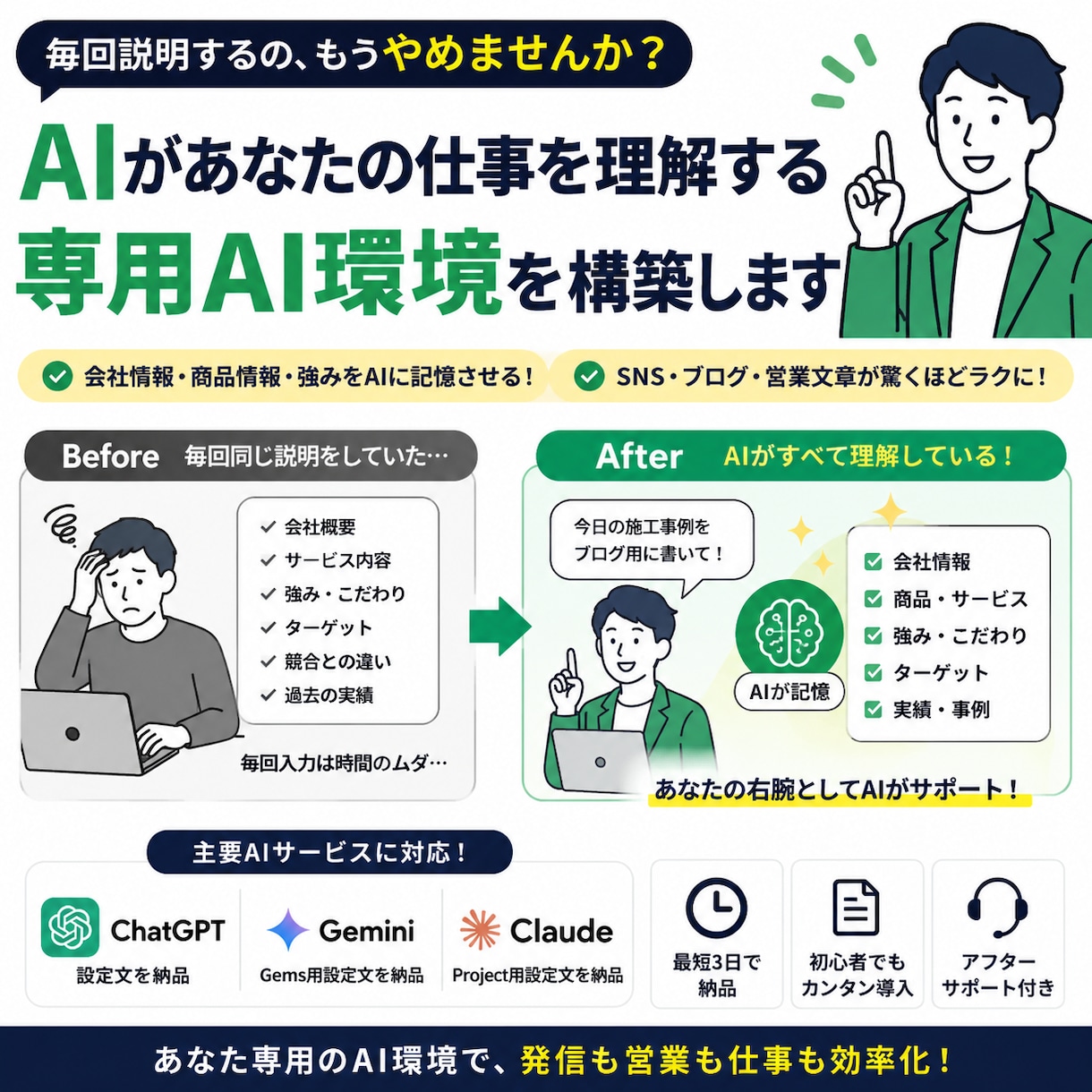 専属AI作成>AIにあなたの仕事を覚えさせます 毎回説明不要。あなた専用のAI秘書を作ります イメージ1
