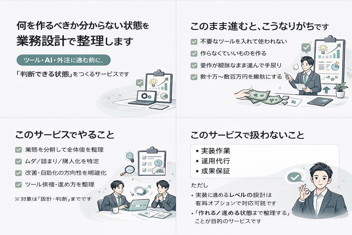 業務効率化が進まない原因を業務改善の設計図にします 外注・自動化に進む前に、業務の問題点と改善方針を整理します イメージ1