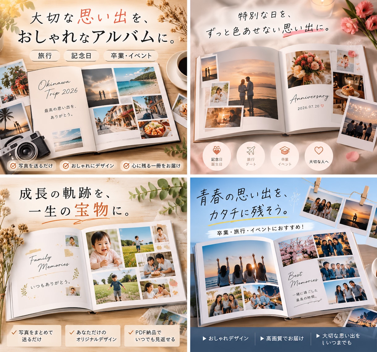 旅行・記念日・卒業写真をおしゃれなアルバムにします スマホに眠る思い出を、何度も見返したくなる一冊に。 イメージ1