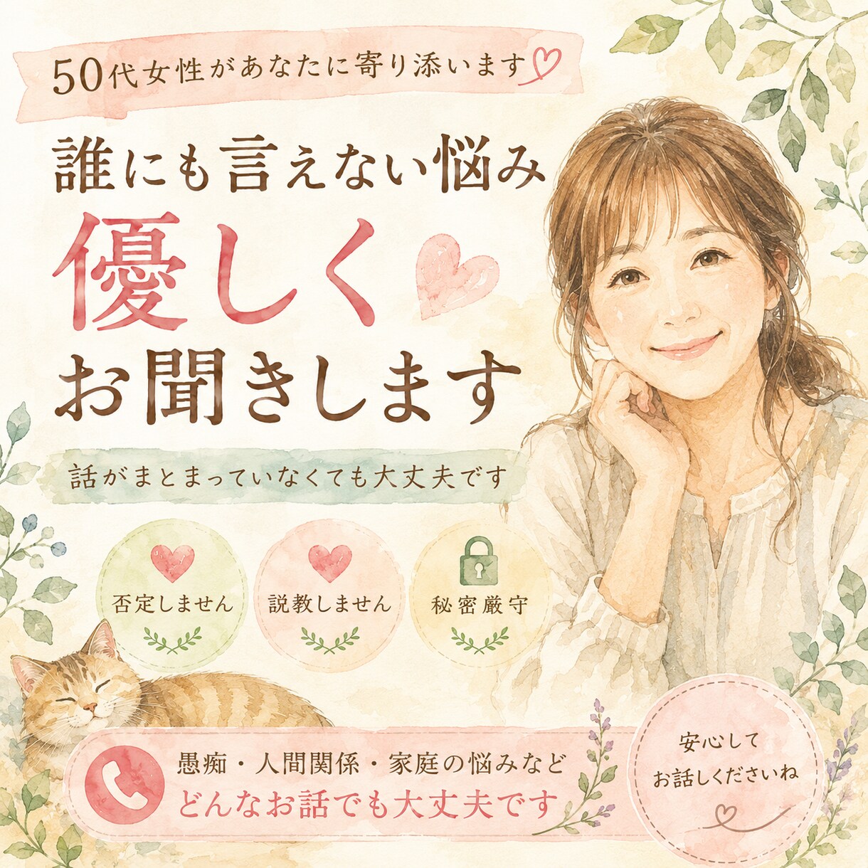 50代女性があなたの愚痴や悩みを優しくお聞きします 否定も説教もしません。安心してお話ください イメージ1