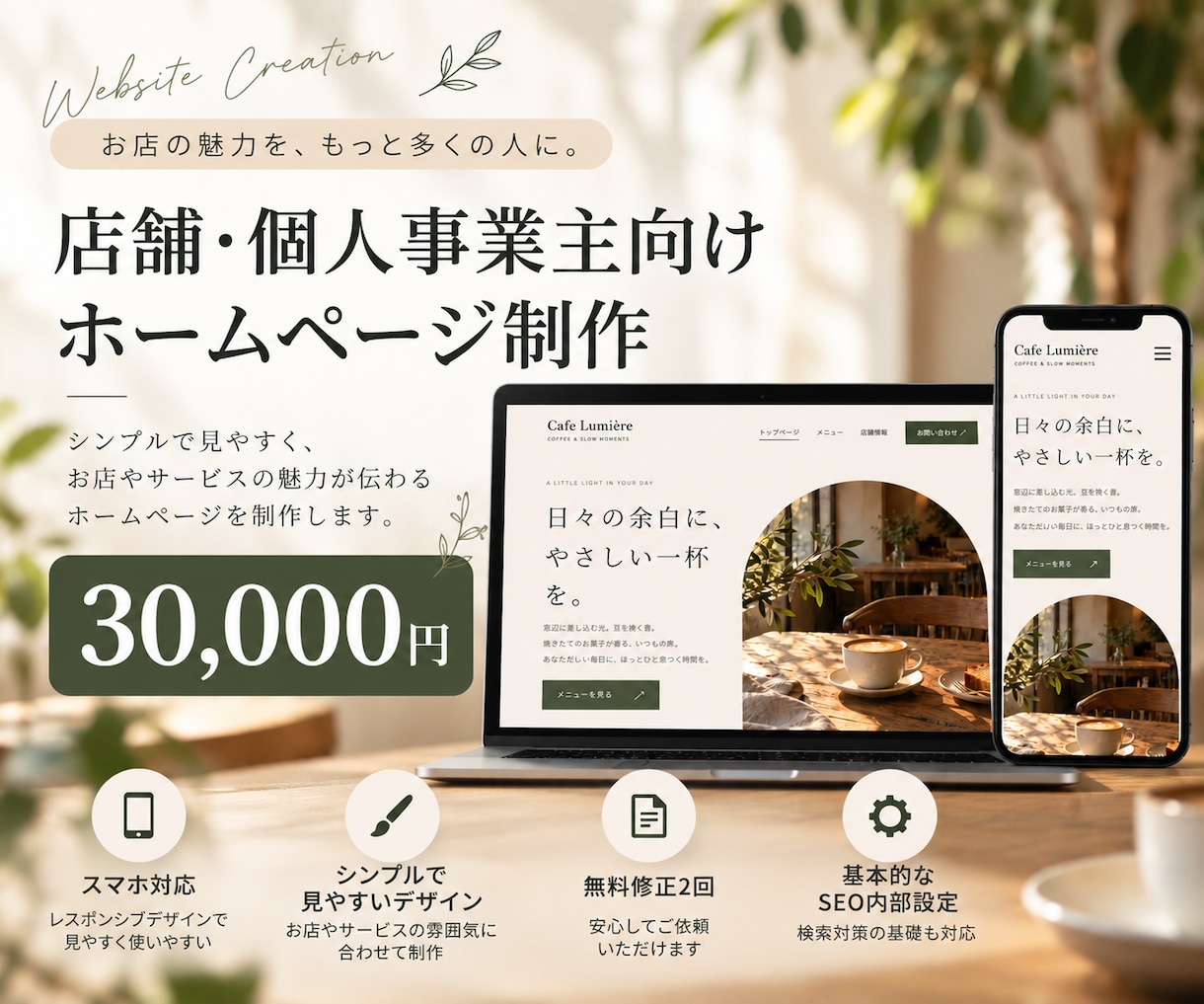 店舗やサービス向けのホームページを作成します あなたのお店やサービスの魅力を、Webでカタチにします！ イメージ1