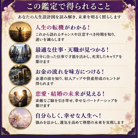 四柱推命で人生の転機と適職・金運を総合鑑定します 人生の流れ・才能・適職・金運を命式から丁寧に読み解きます イメージ3