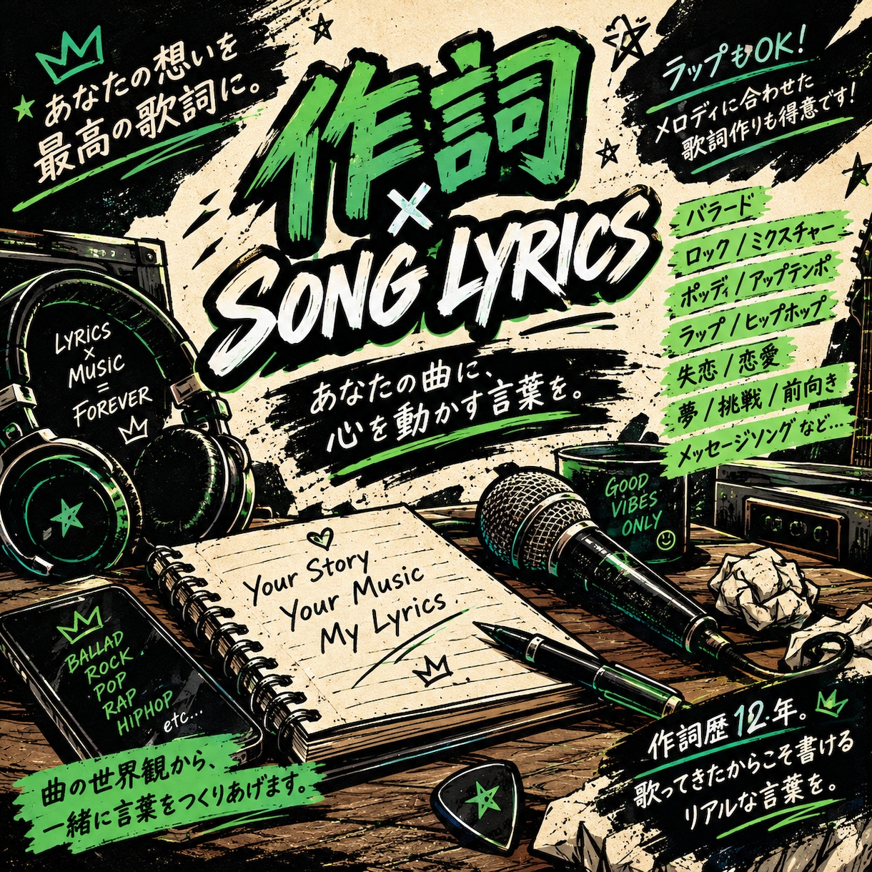 あなたの想いを歌詞にして伝える曲を作詞します 作詞歴12年！ラップ・韻・歌いやすさまで対応 イメージ1