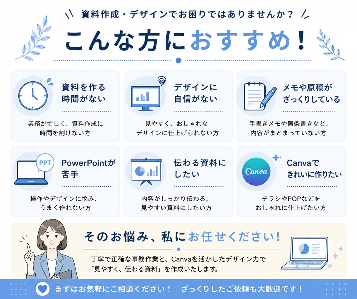 見やすく伝わる資料作成いたします 構成の丸投げ・ざっくりしたご依頼もOK！伝わる資料へ イメージ1