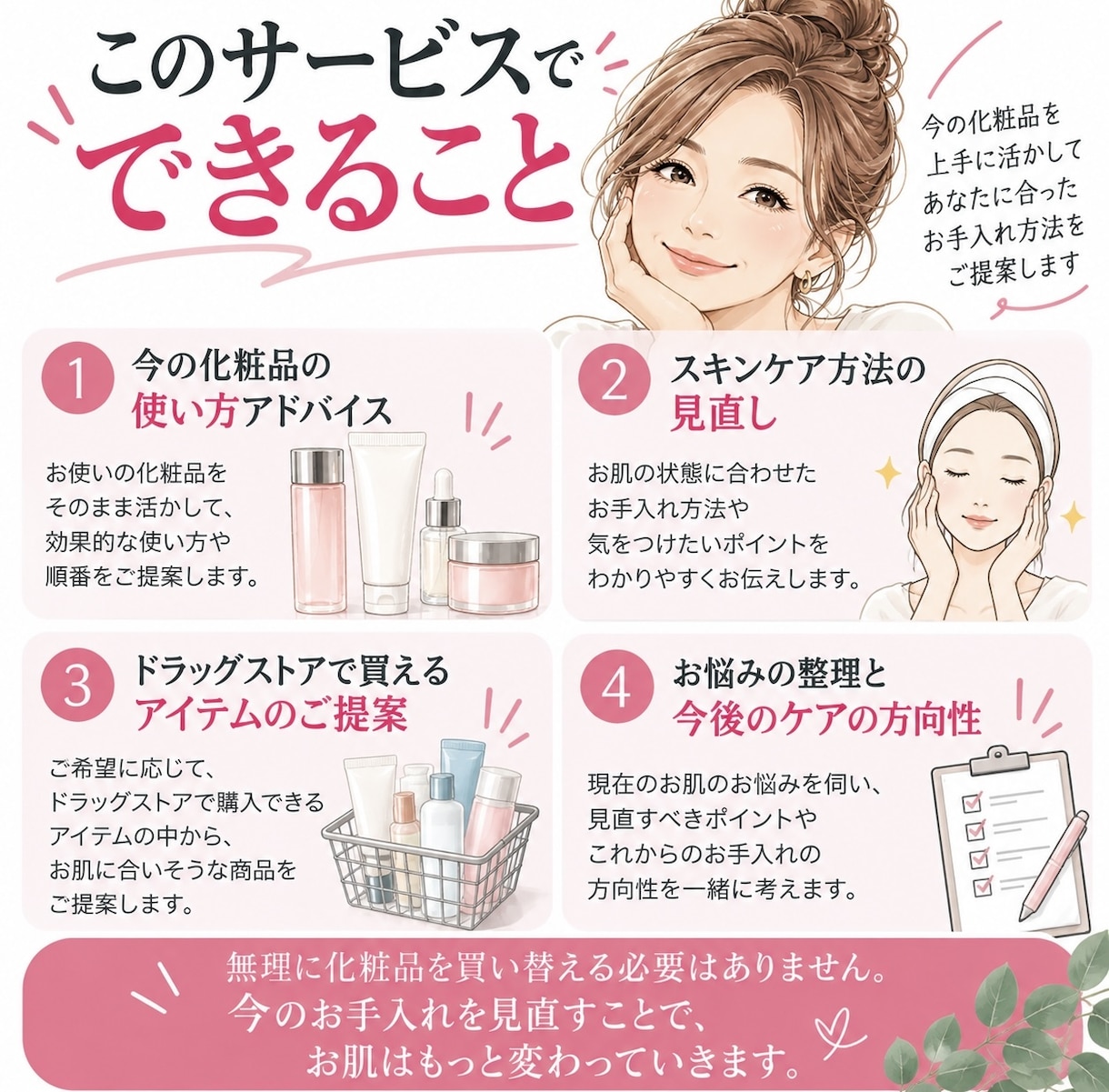 今の化粧品を活かすスキンケアを提案します 化粧品会社10年の経験で朝晩のお手入れを見直します イメージ3