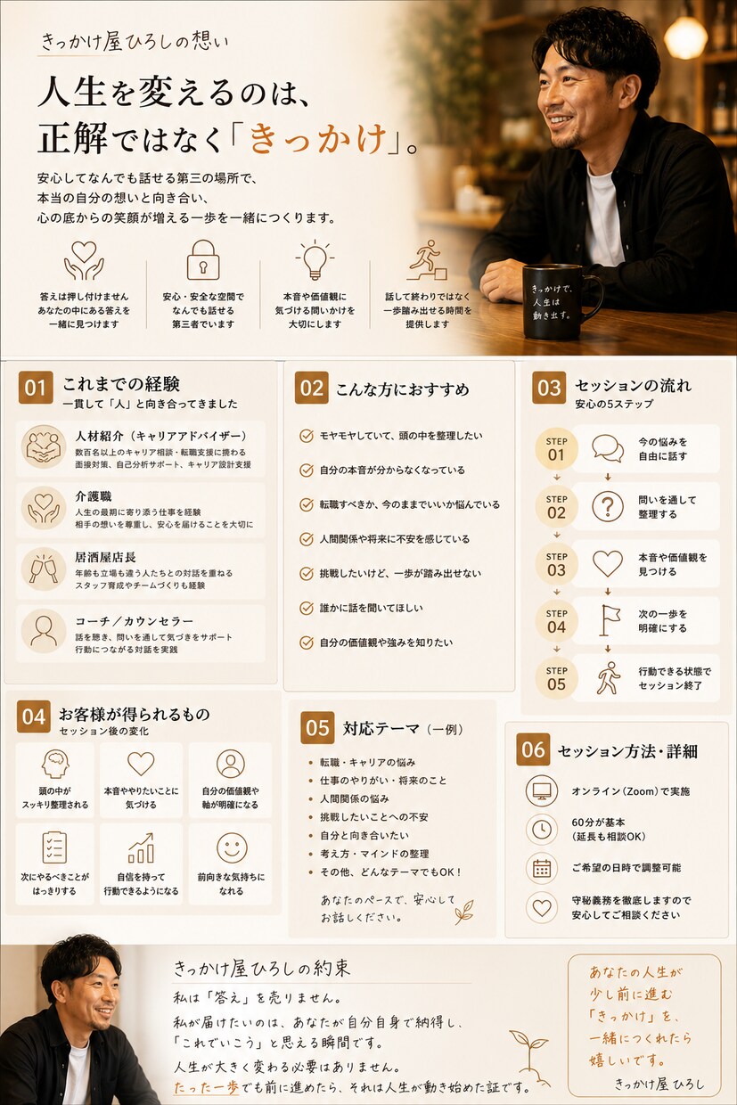 迷いや目標を整理し、自分なりの答えを見つけます 考えすぎて動けない方へ、笑いと問いで頭を整理 イメージ3