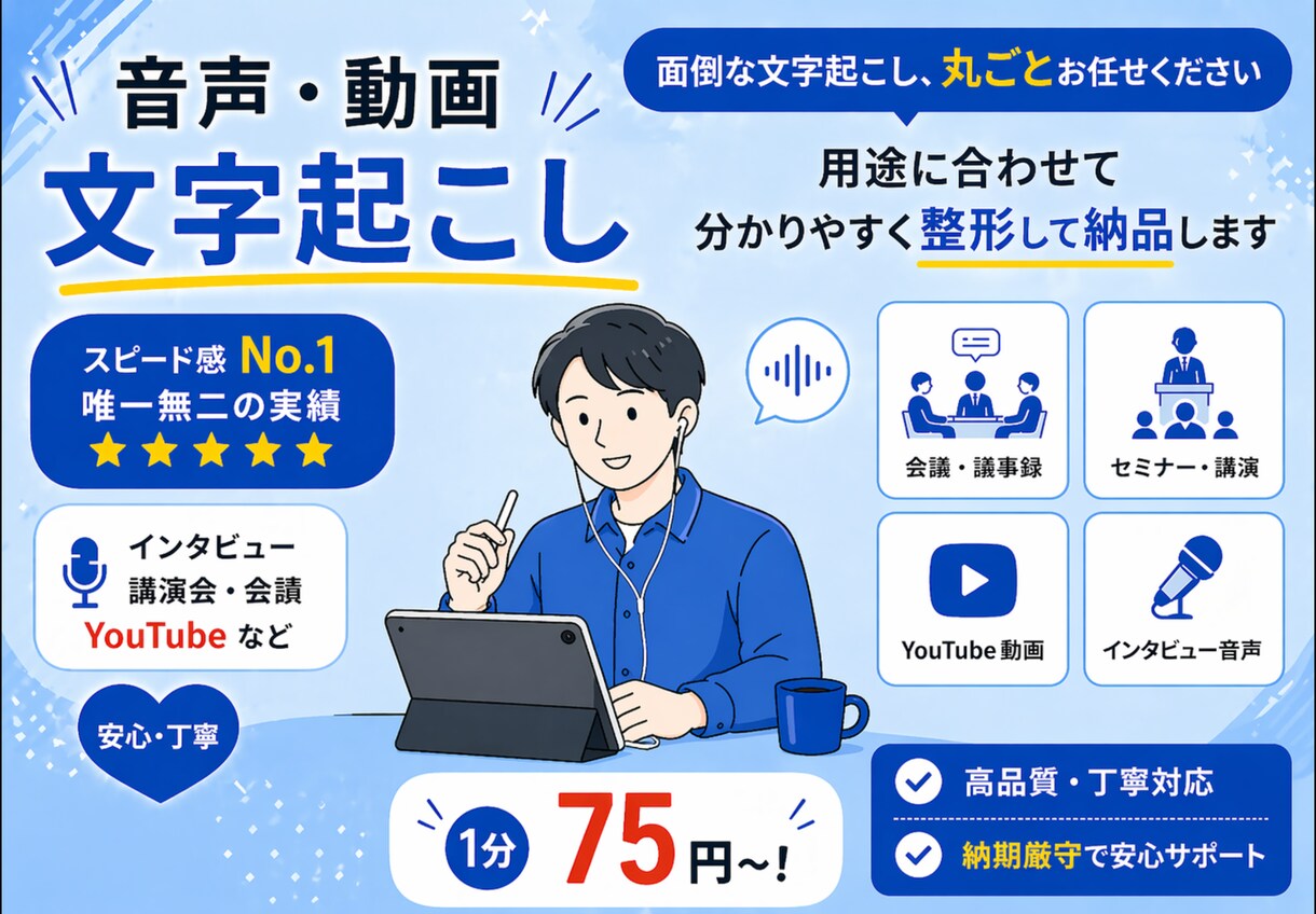最短当日！丁寧に、素早く文字起こしを代行します 1分75円〜！丁寧作業！YouTubeや講義の文字起こしに！ イメージ1
