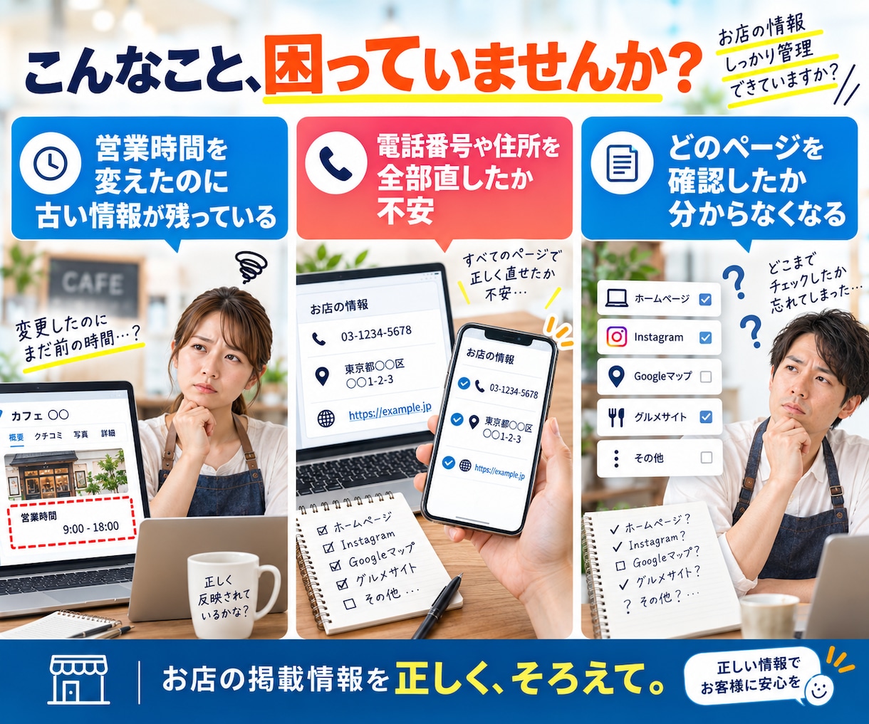 お店の掲載情報の食い違いを調べます HP・SNSなどの営業時間や連絡先を、一覧で照合 イメージ2