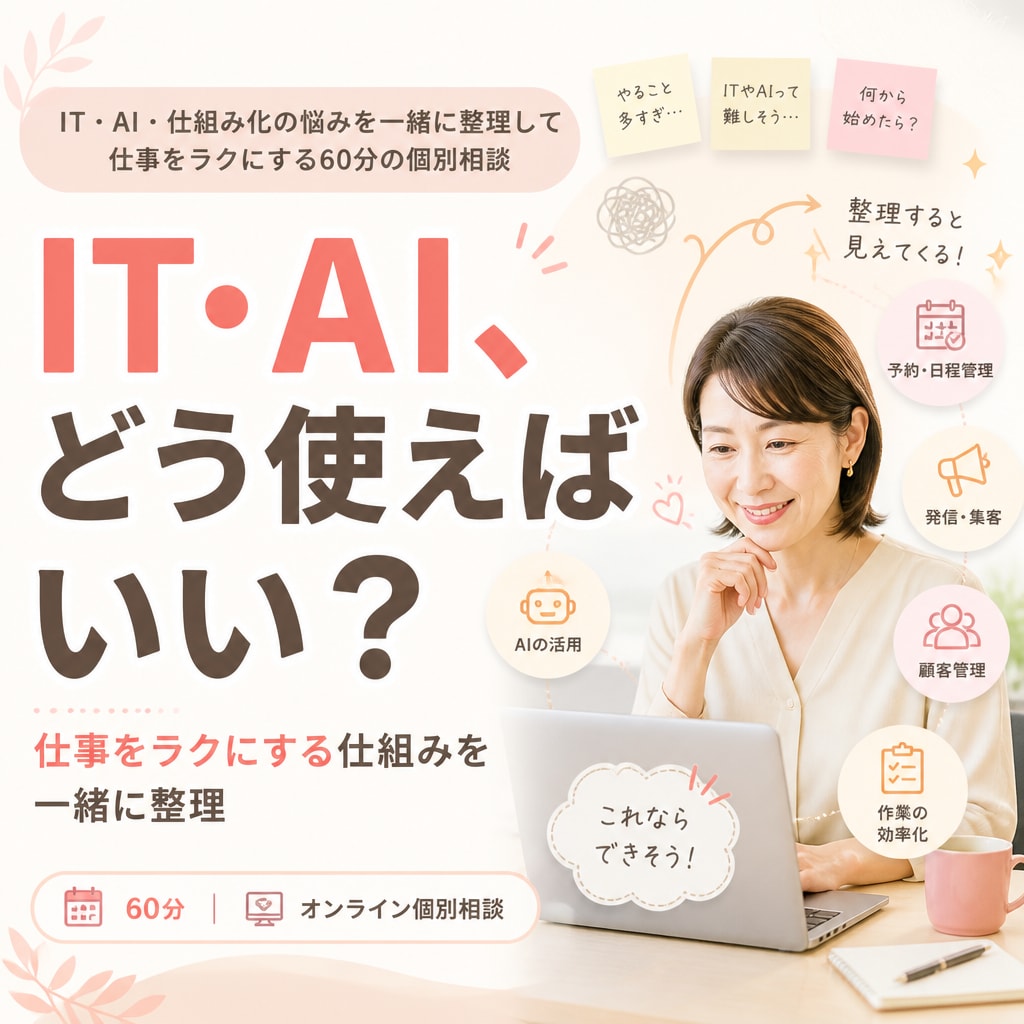 IT・AI・仕組みの悩みを一緒に整理して解決します 苦手なITを、無理なく仕事に活かせる形にします イメージ1