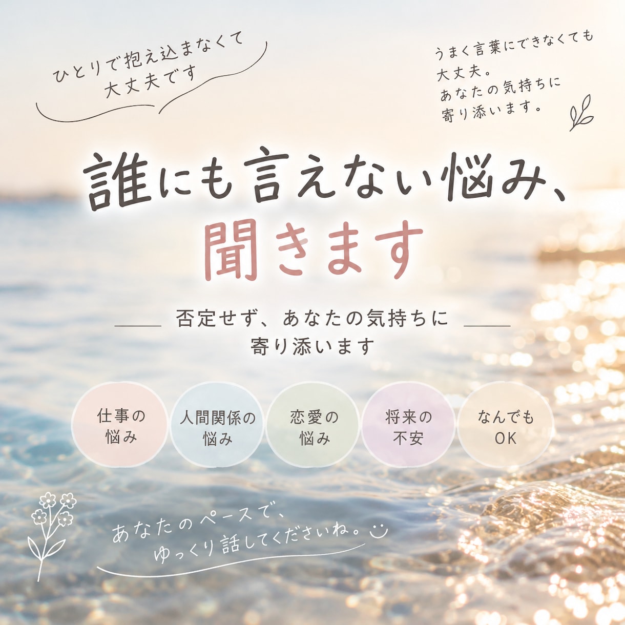 誰にも言えない悩み、否定せずに文章でお聞きします 誰にも言えない悩みも歓迎です。丁寧にお聞きします。 イメージ1