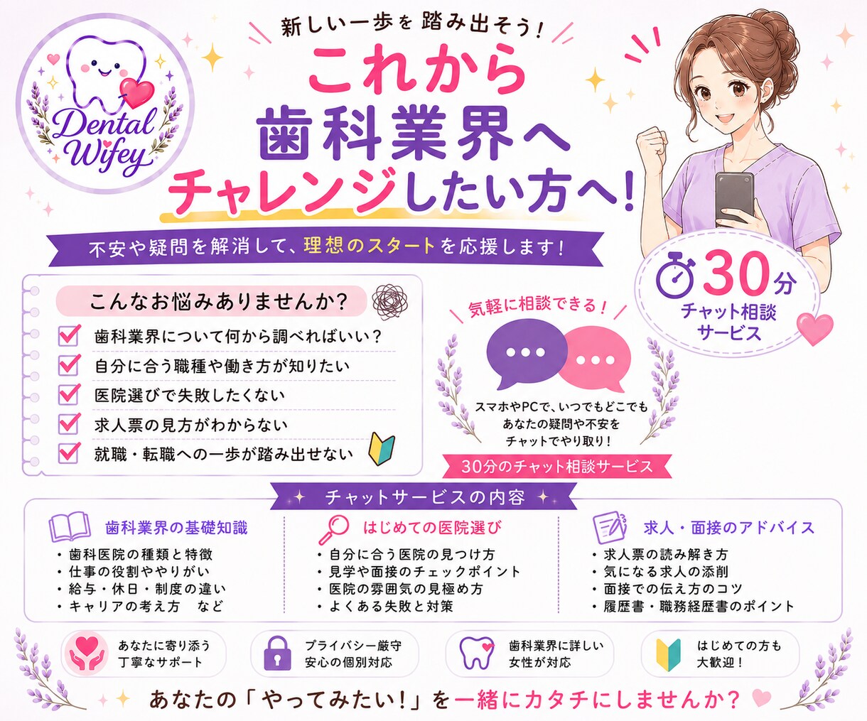 歯科に挑戦したい方を現役女性事務長がサポートします 歯科業界の聞きたいことを30分チャットで対応いたします イメージ1