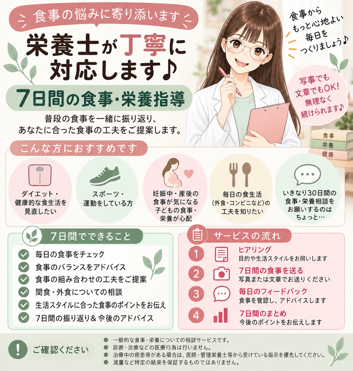現役栄養士が7日間食事・栄養指導します 毎日の食事を一緒に振り返り、続けやすい工夫をご提案 イメージ1