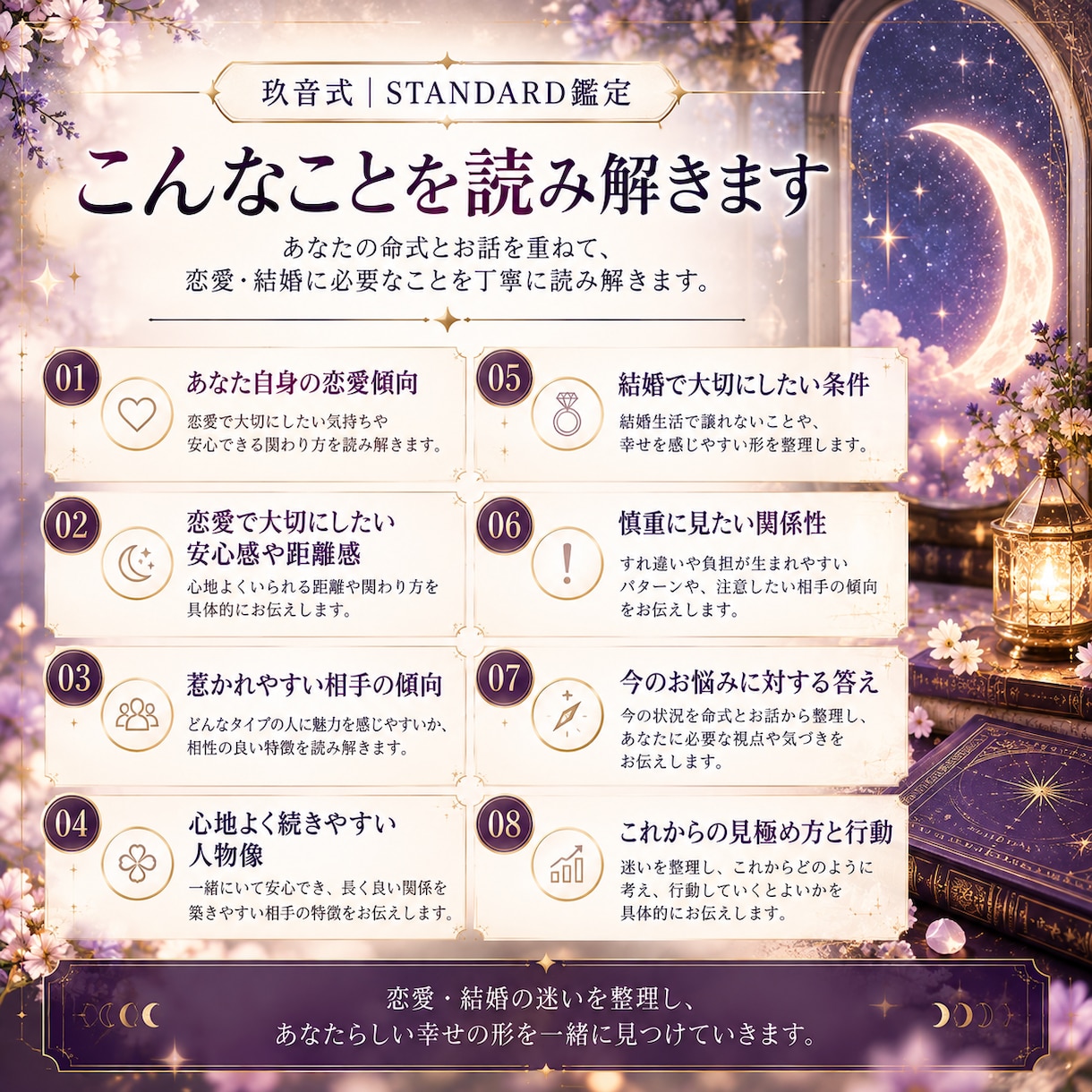 恋愛・結婚の迷いを深く読み解きます 命式だけで決めつけず、あなた自身を確かめて鑑定します イメージ3