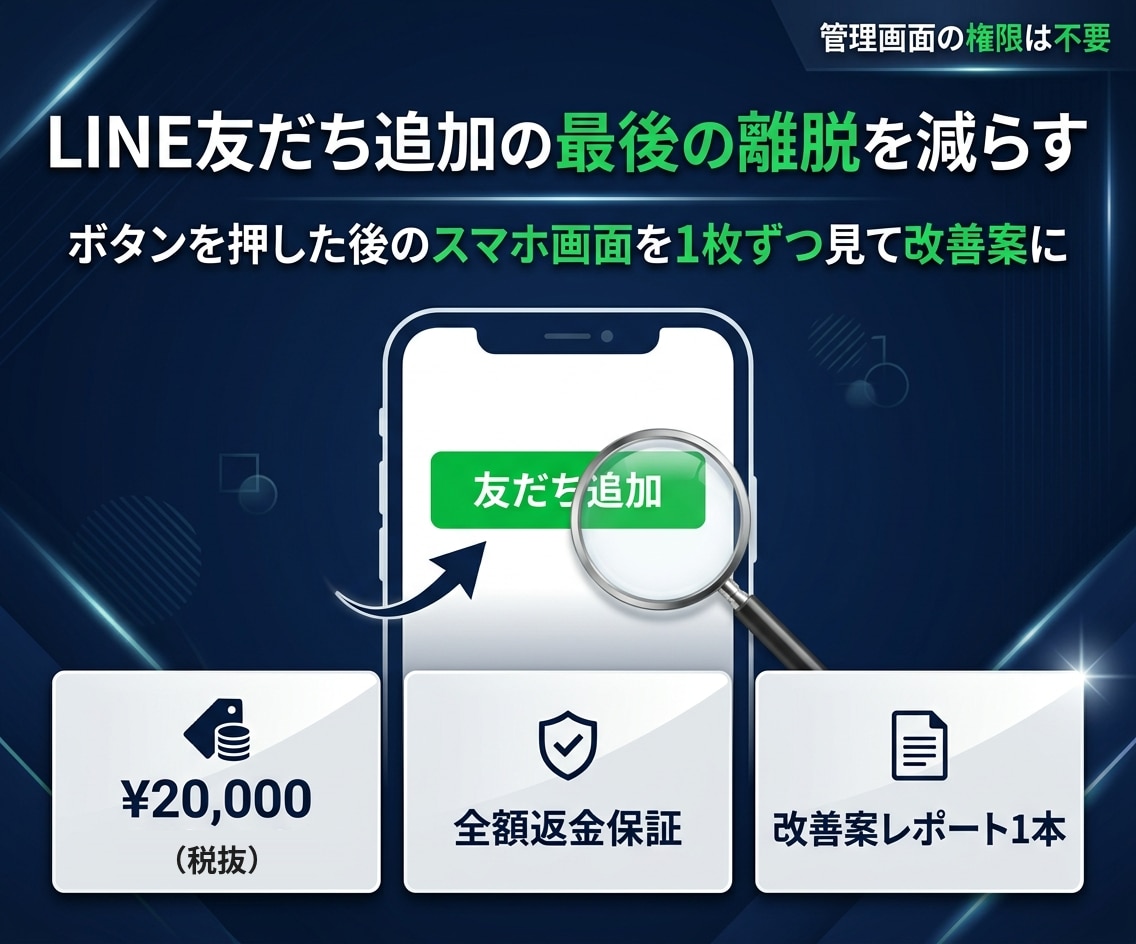 LINE友だち追加の離脱を減らす改善案を出します 	ボタンを押した後のスマホ画面を1枚ずつ見て改善案に イメージ1