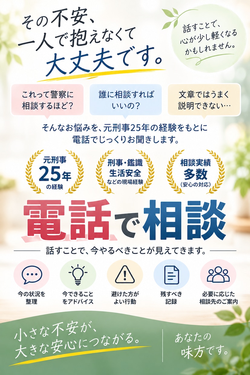 誰に相談すればいいか分からない不安を整理します 警察に相談するほど？その小さな違和感を一緒に整理します」 イメージ1