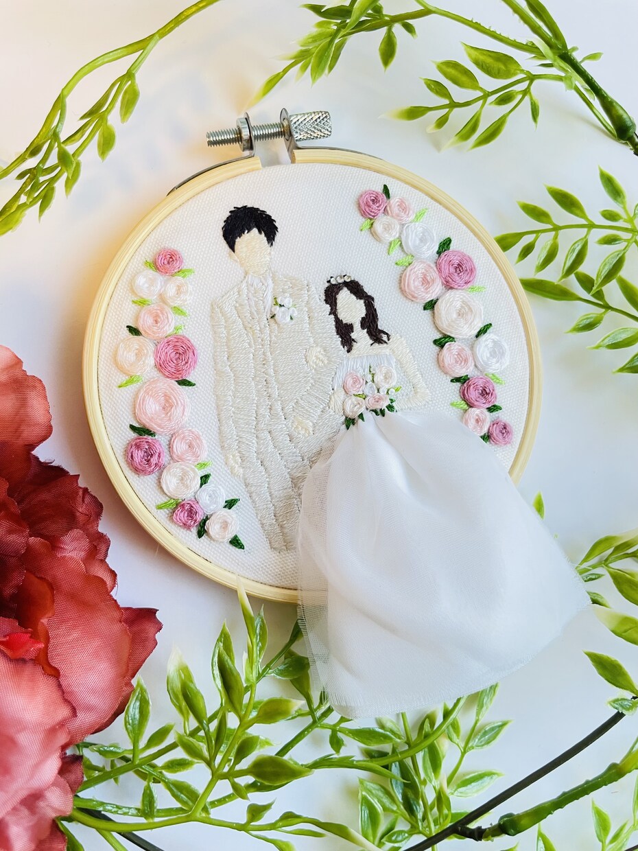 直径10cmに素敵なウエディングフォト刺繍します ウエディングドレスの思い出や結婚祝いにピッタリです。 イメージ3