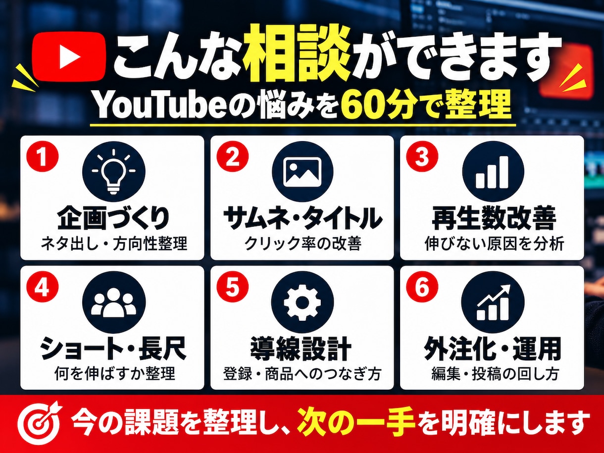 YouTubeの悩みを60分で個別相談できます 登録者30万人超・事業売却経験者が改善策を提案 イメージ2
