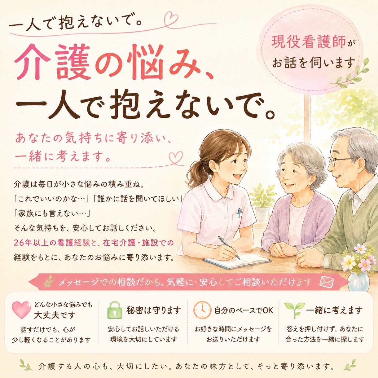 介護相談伺います 一人で抱えなくて大丈夫。一緒に考えます。 イメージ1