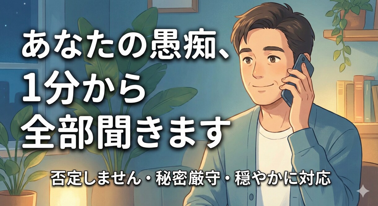 否定せず、あなたの心に寄り添い、お話を伺います 誰にも言えない悩みや愚痴、私が全て受け止め、共感いたします。 イメージ1