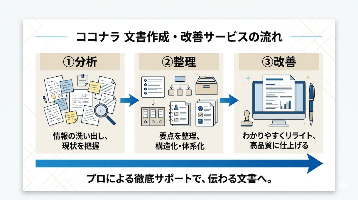文章構造を分析し改善します 伝わる文章へ構造から再設計。整え、使える形にします イメージ2