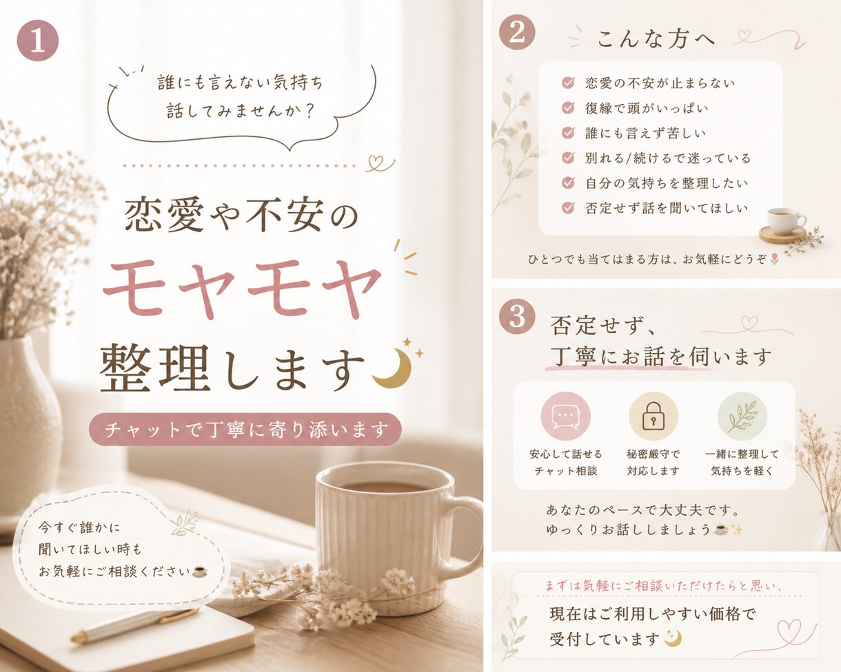 恋愛や不安のモヤモヤ整理します 頭の中がぐちゃぐちゃな時、一緒に整理します イメージ1