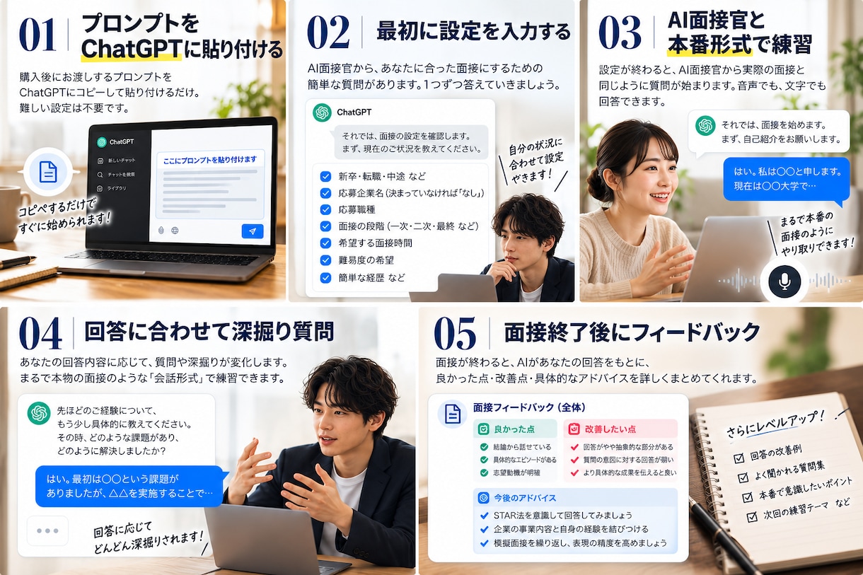 ChatGPTで何度でも本番形式の面接ができます コピペ1回でAIが面接官に｜深掘り質問→弱点分析まで自動 イメージ2