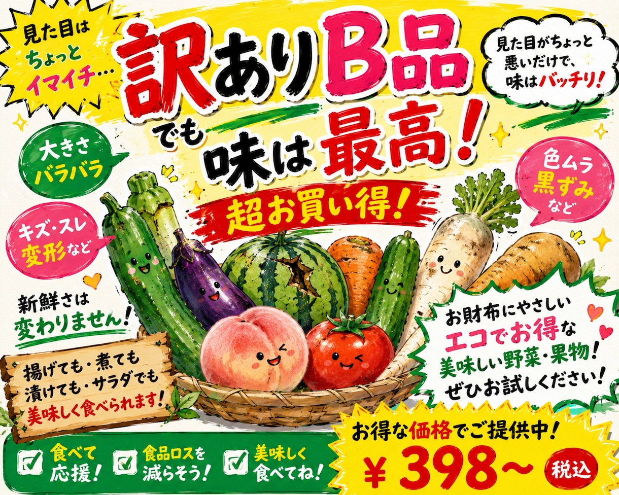 訳ありB品野菜・果物の売れる販促POPを制作します 見た目じゃない！美味しさを伝える訳ありB品POP制作 イメージ1