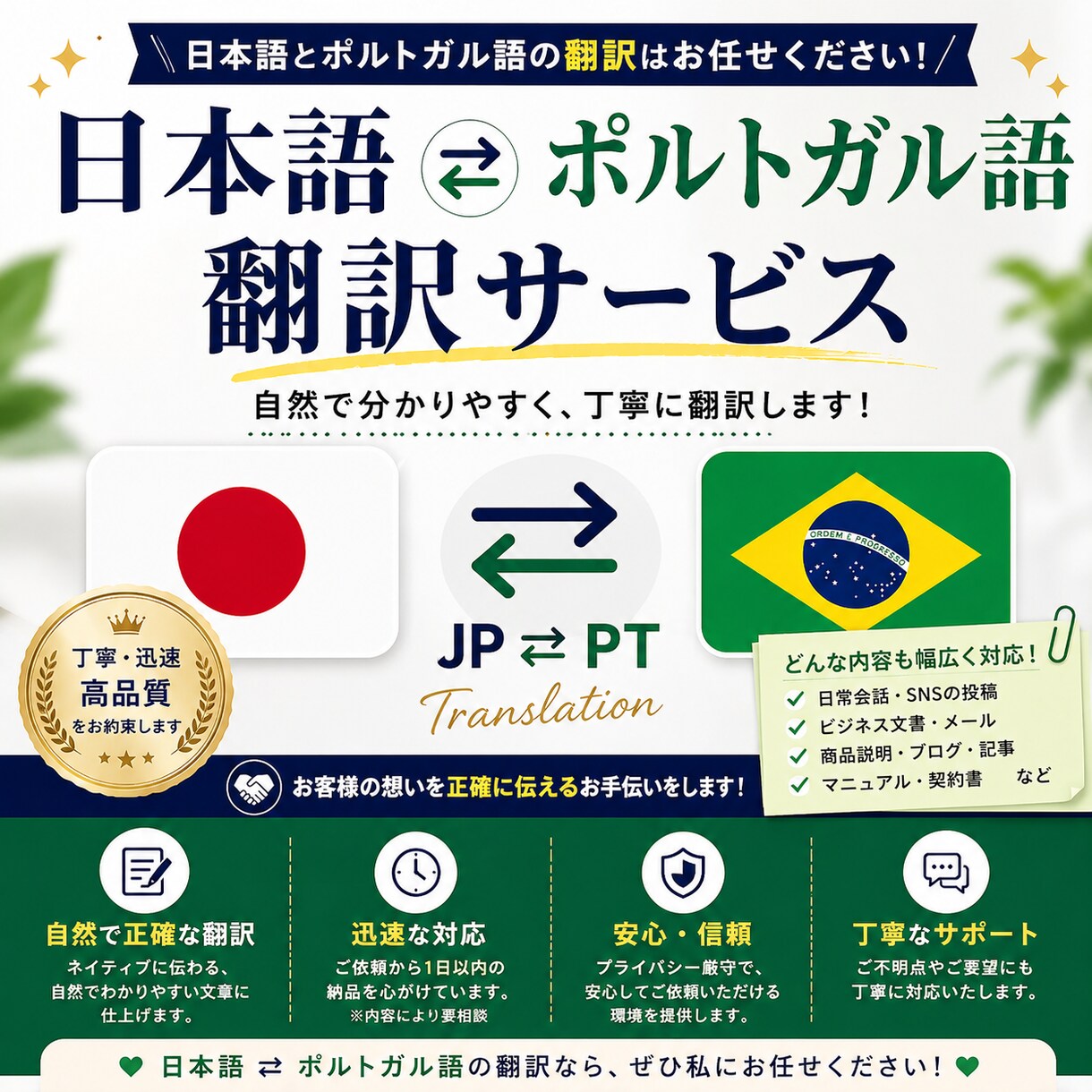 日本語⇄ポルトガル語を自然で丁寧に翻訳します！ます 迅速・丁寧に対応！自然な翻訳をお届けします イメージ1