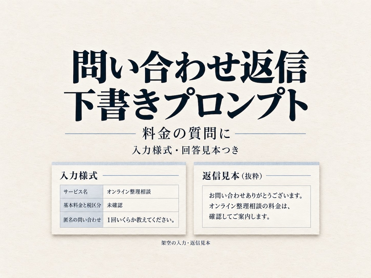 料金問い合わせの下書きプロンプトを作ります 入力様式と回答見本で、料金の質問に迷わず返信 イメージ1