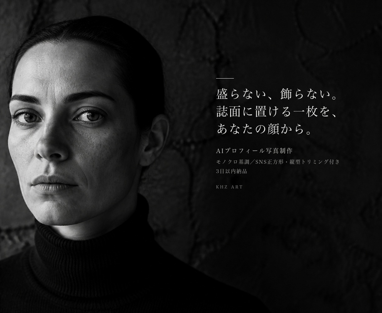 ファッション誌調のAIプロフィール写真を制作します 盛らない、飾らない。誌面に置ける一枚を、あなたの顔から。 イメージ1
