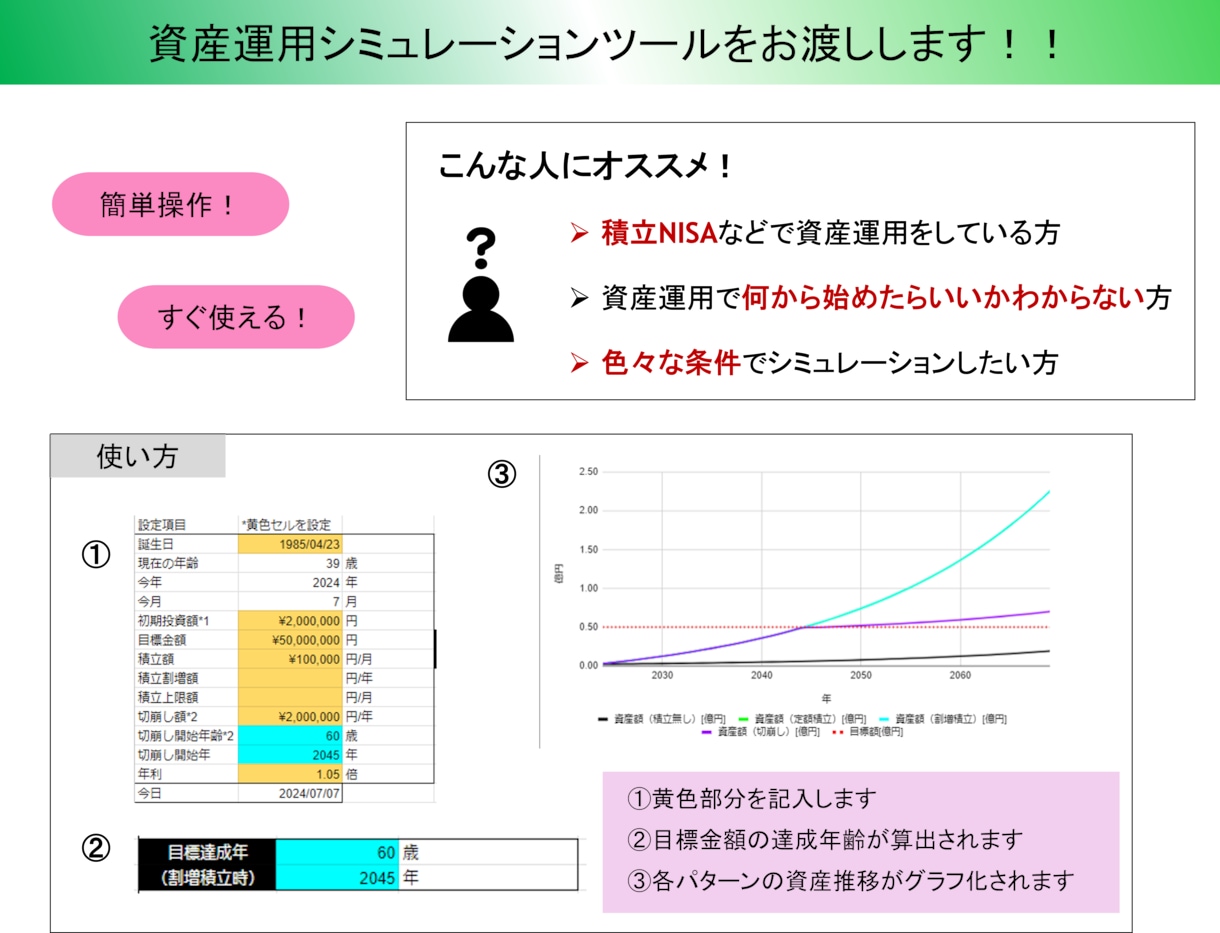 3,000円　資産運用の計算シートをお渡しします 年齢や目標金額などを入力するだけで簡単にシミュレーション！ イメージ1