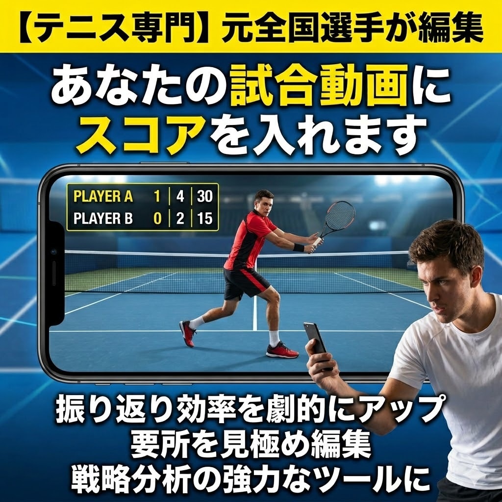 テニスの試合動画をカット、スコア入れ承ります 元1万人テニスyoutuberの知識と編集力で、対応致します イメージ1