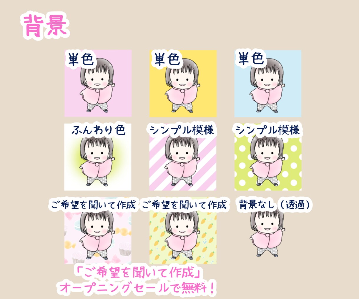 ミニキャラアイコン作成します お気に入りの服で、背景も作ります！ イメージ3