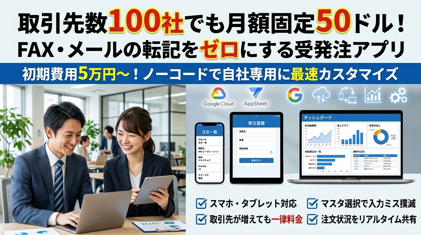 月額＄50で数百社対応の受発注アプリを構築します 効率劇的改善！FAX・メールの転記をゼロにする受発注アプリ イメージ1