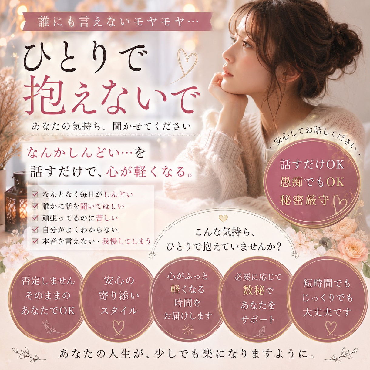 頑張りすぎるあなたの心、休ませます 「ただ話したい」でも大丈夫♡気軽に話せる相談室 イメージ1