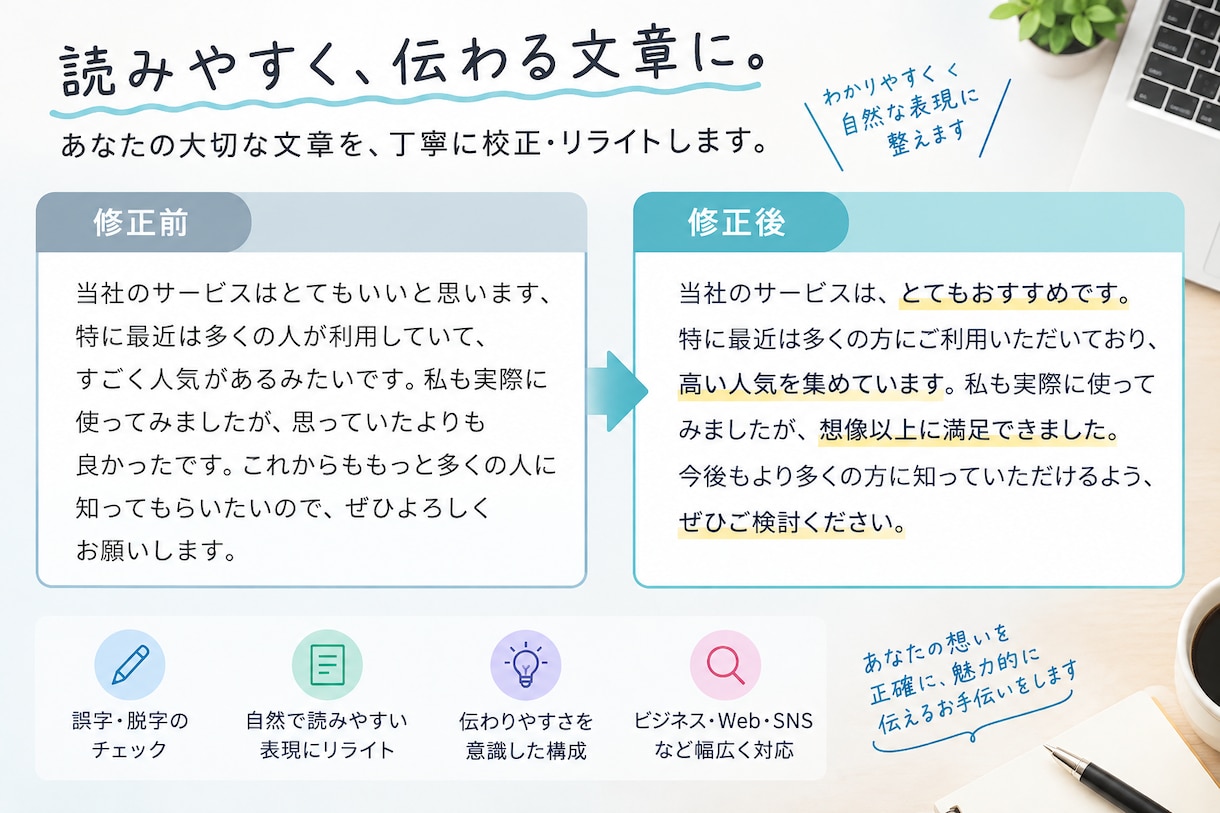 文章を自然で読みやすい日本語に整えます 誤字や不自然な表現を丁寧にチェックします イメージ1
