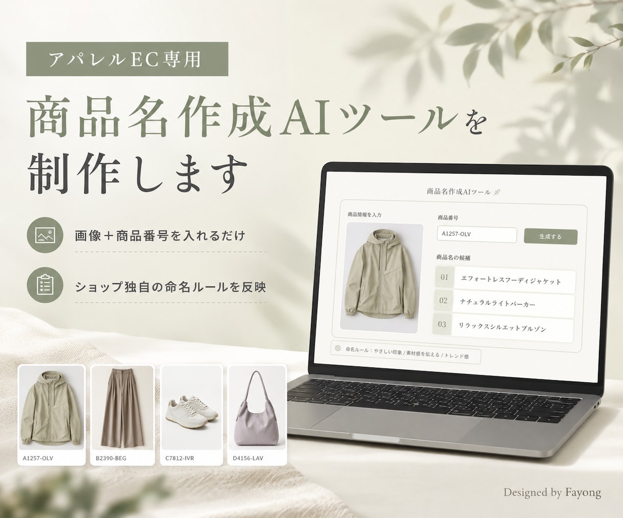 アパレルEC専用の商品名作成AIツールを制作します 画像と商品番号を入れるだけ。ショップの命名ルールも反映します イメージ1
