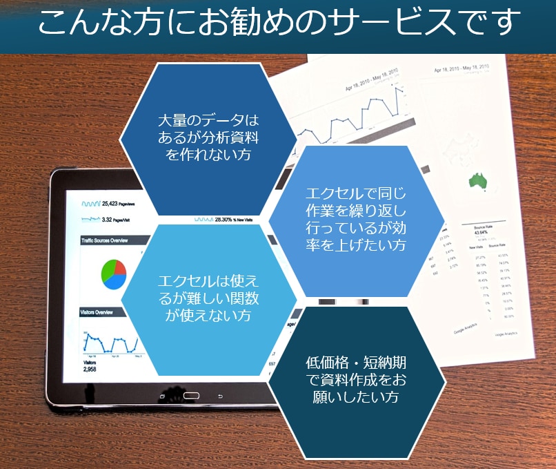 データの集計・分析など、エクセルの作業を代行します 大量のデータはあるがご自身で分析資料等を作れない方にお勧め！ イメージ2