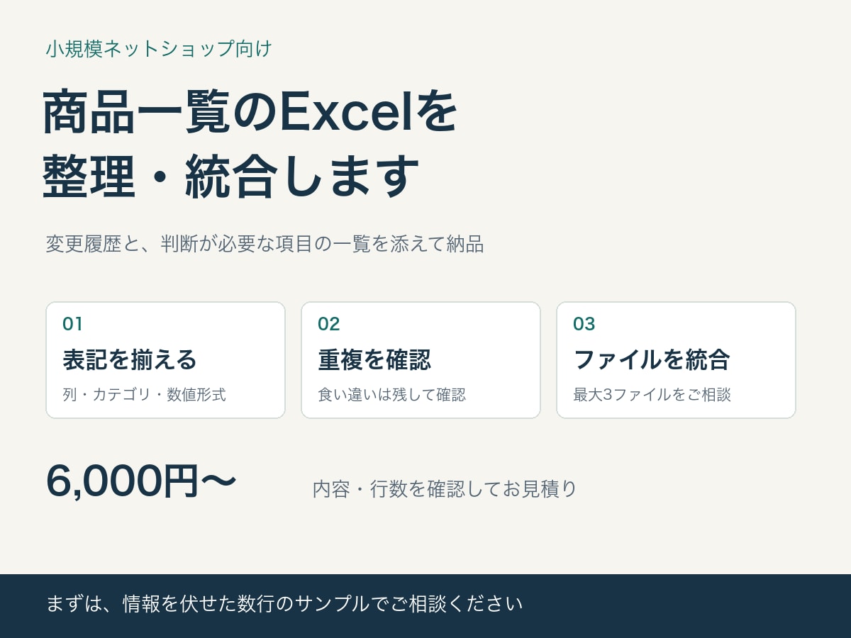商品一覧のExcelを整理・統合します 表記・列・重複を整え、変更履歴もお渡し イメージ1