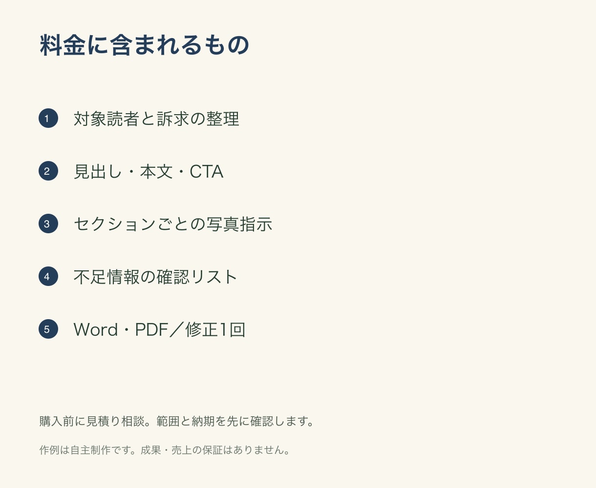 ヒアリング資料からLP構成と原稿を作成します 見出し・本文・写真指示をまとめて納品 イメージ2